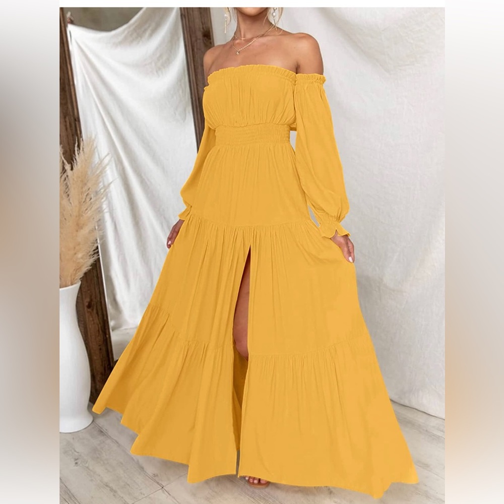 NWT Boho Sexy Off Shoulder Long Sleeve Side Split Flowy A Line Long Maxi Dress